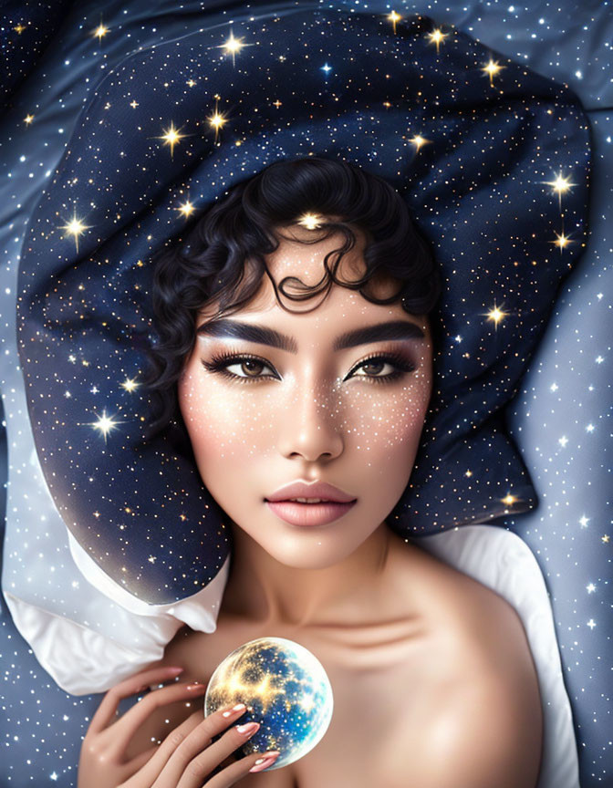 Celestial-themed makeup woman with dark curly hair holding glowing Earth orb