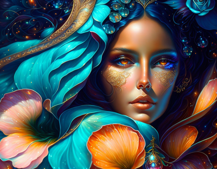 Colorful digital artwork: Woman with blue hair and floral jewelry