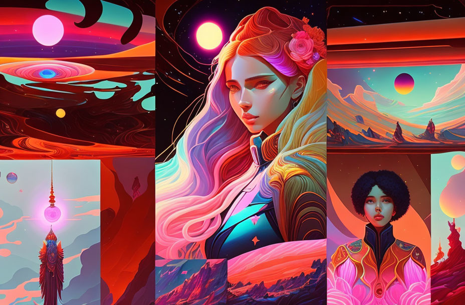 Colorful Digital Artworks of Women with Flowing Hair in Cosmic Landscapes