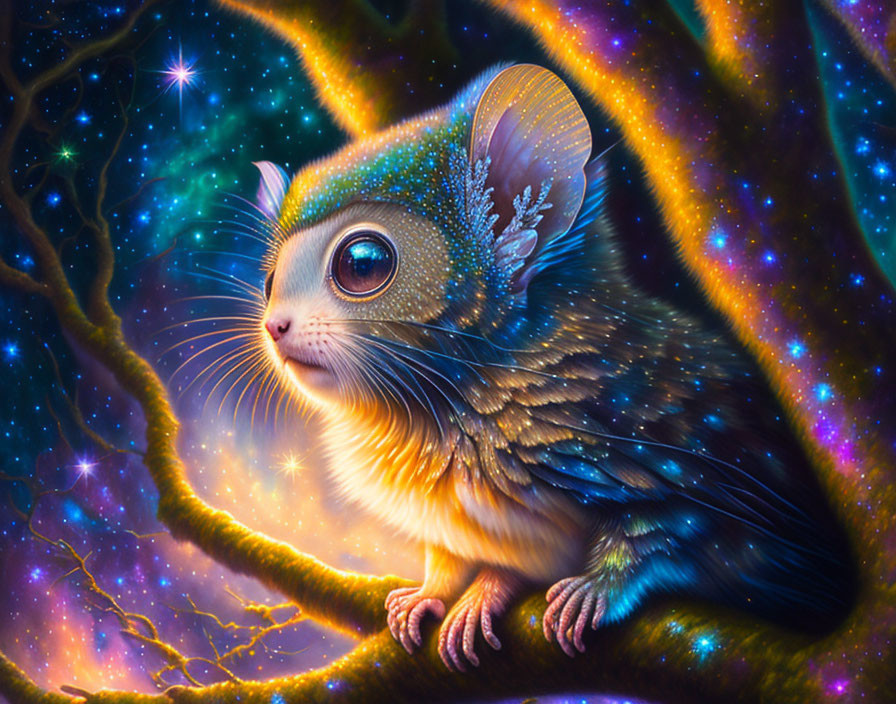 Illustration of a mouse with expressive eyes and leaf-like ears on cosmic backdrop