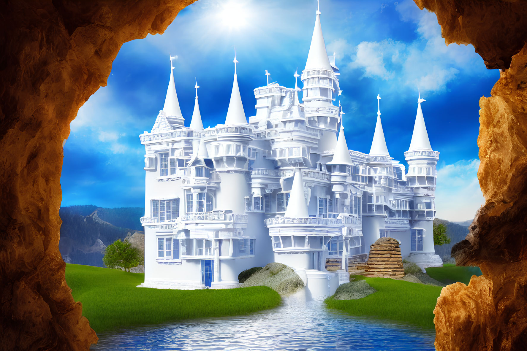 Fairytale castle with spires on island, viewed from cave