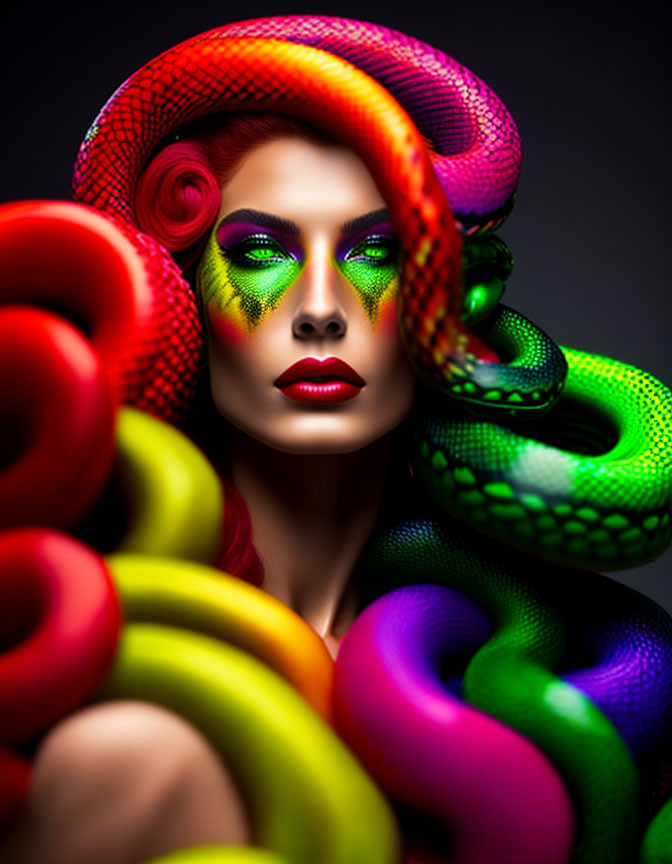 Woman with vibrant rainbow snake body paint, green eye makeup, and red hair.