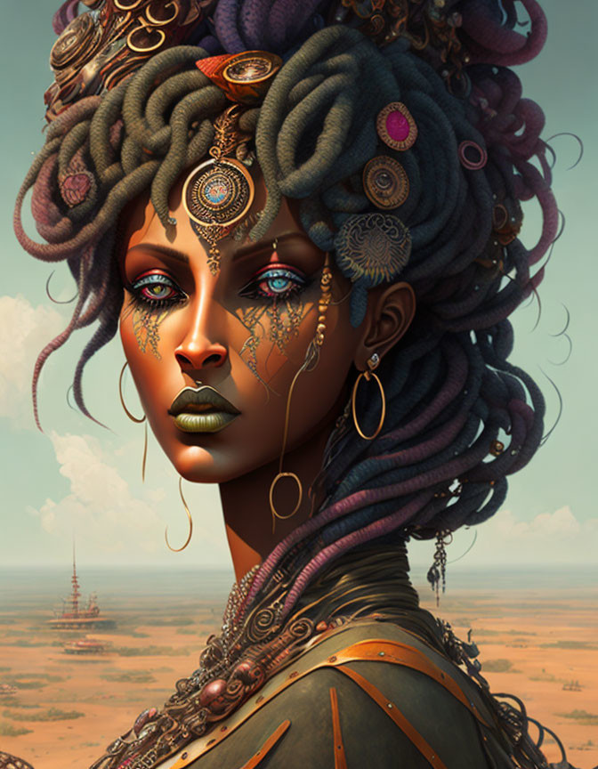 Detailed illustration of woman with intricate jewelry and tattoos in desert setting