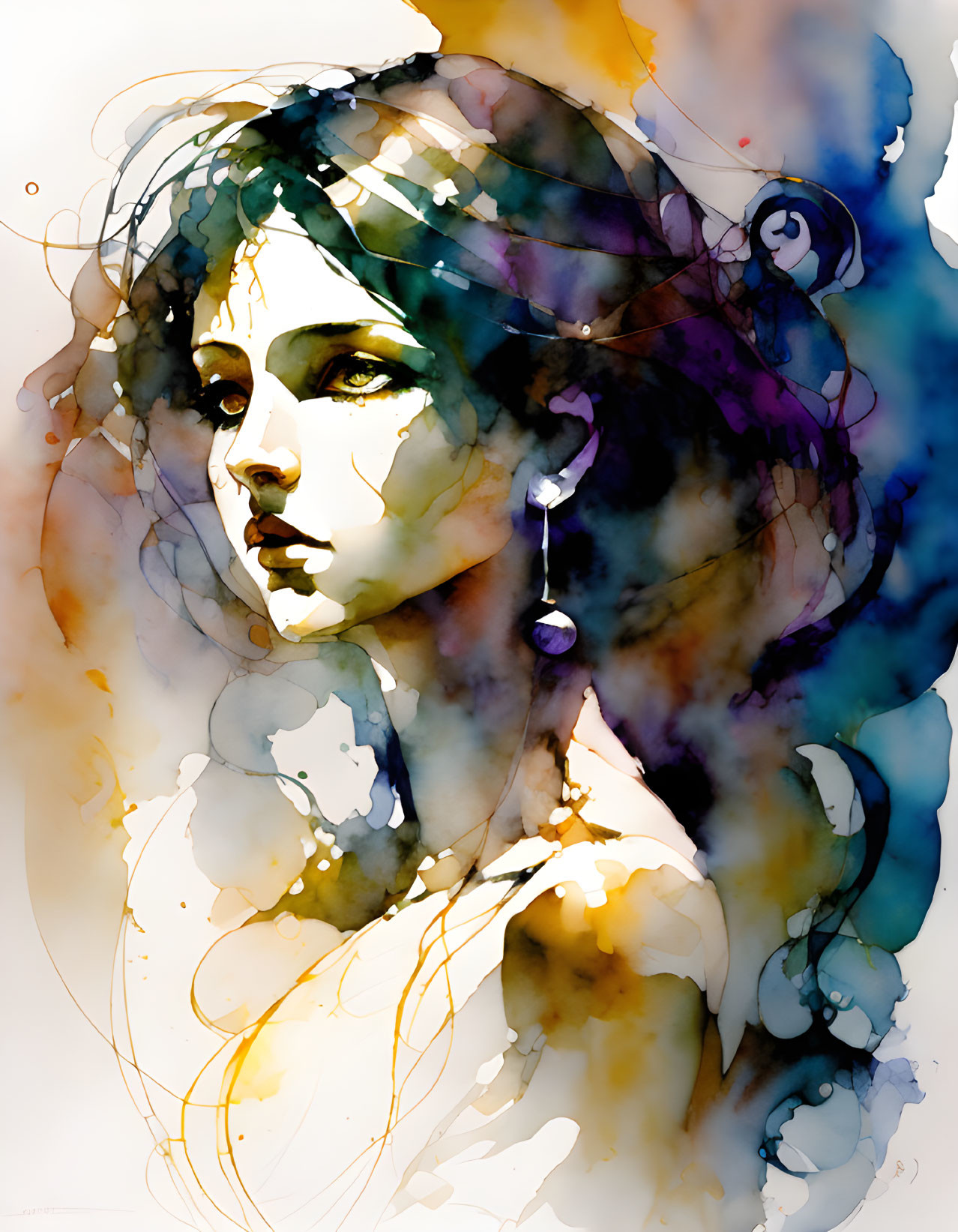 Vibrant watercolor portrait of a contemplative woman with abstract elements