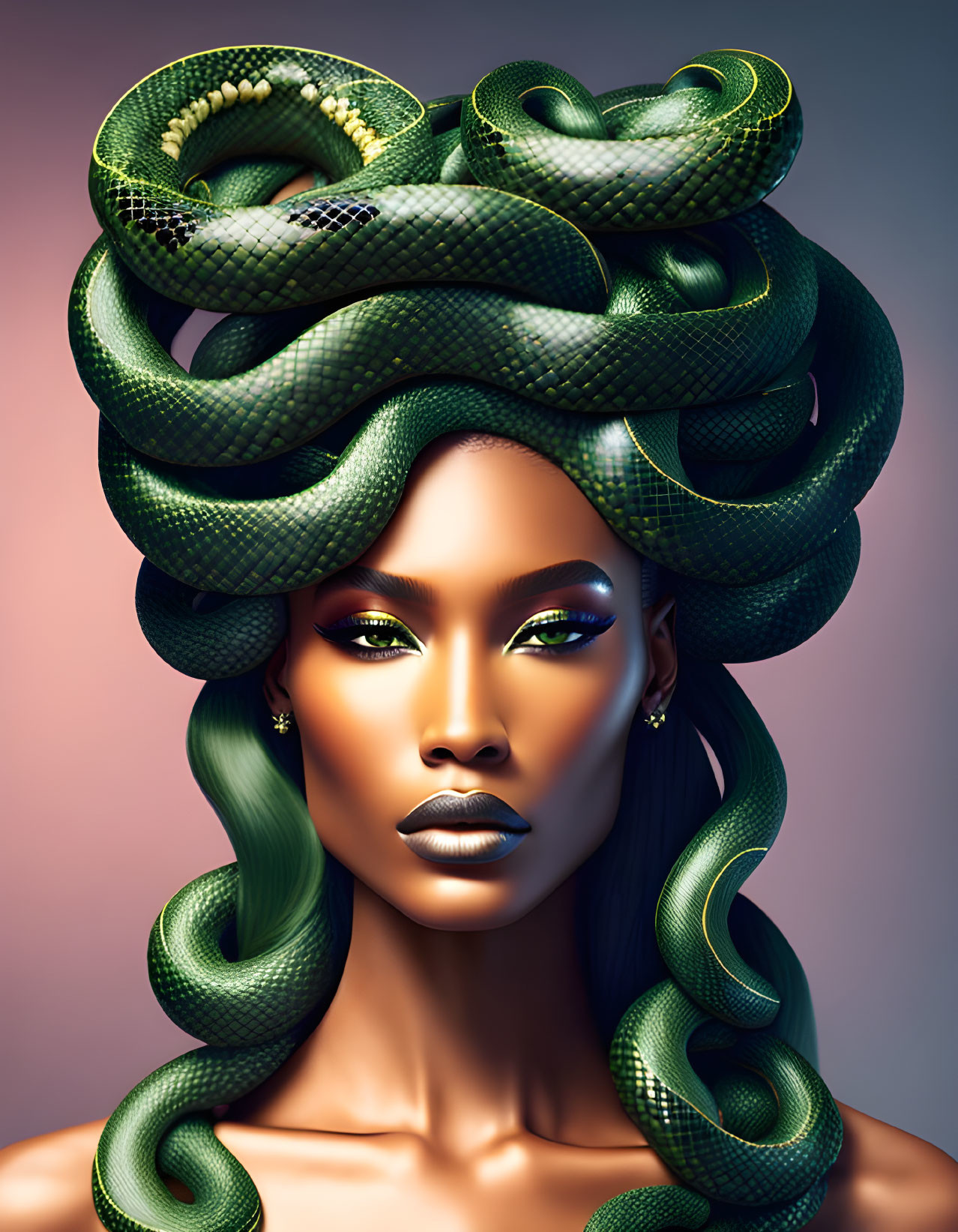 Digital artwork: Woman with Medusa-inspired hairstyle and green snake adornments