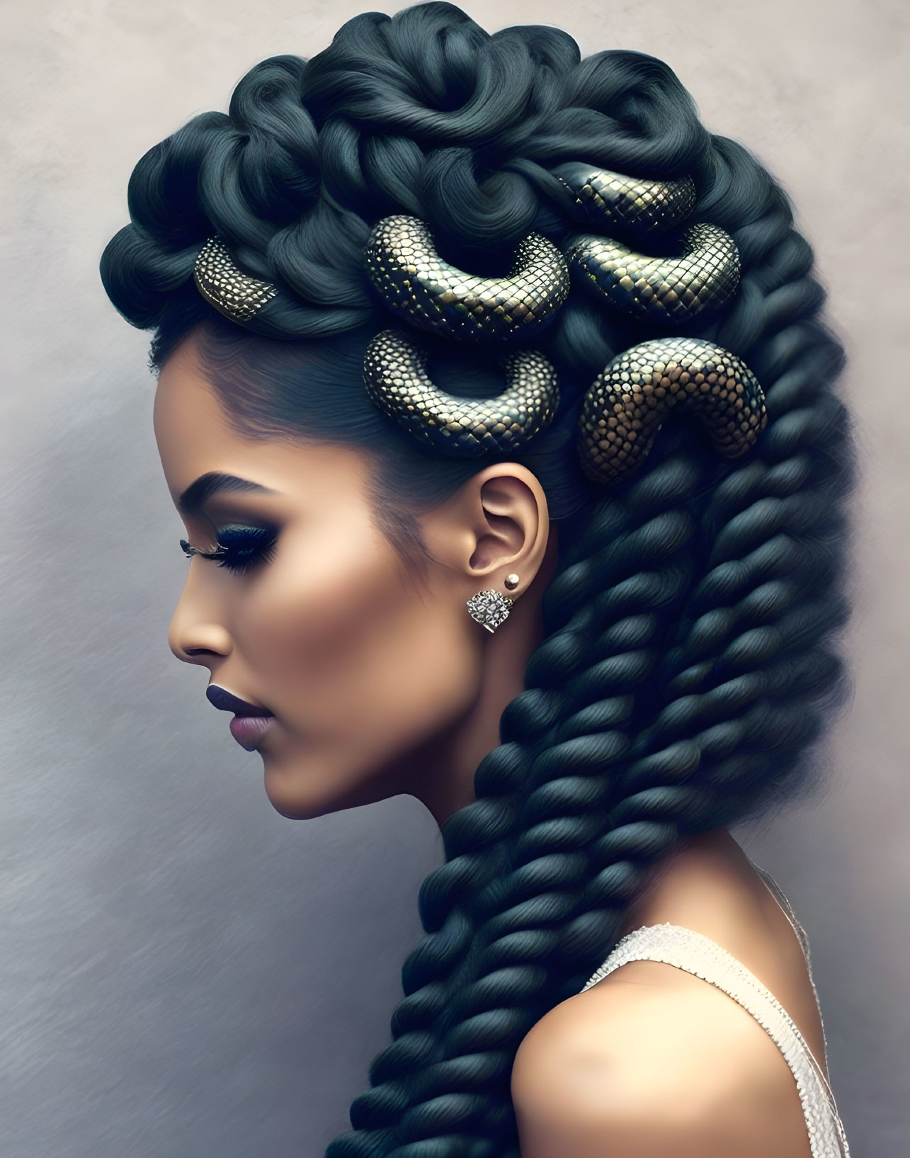 Elaborate braided hairstyle with jeweled snake accessories on woman, profile view