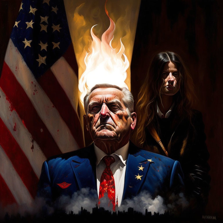 Stoic man with burning head and somber woman against American flag.