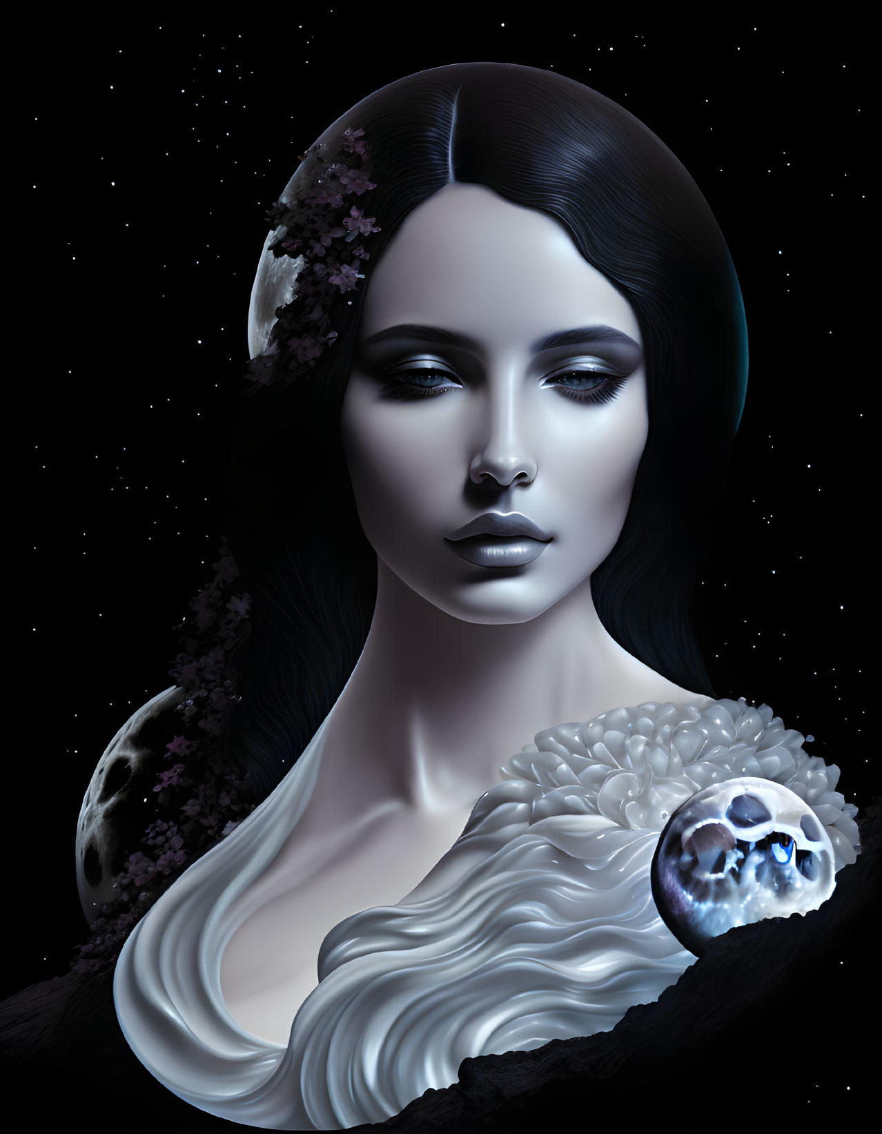 Stylized digital illustration of woman with dark hair and pale skin adorned with flowers on starry backdrop