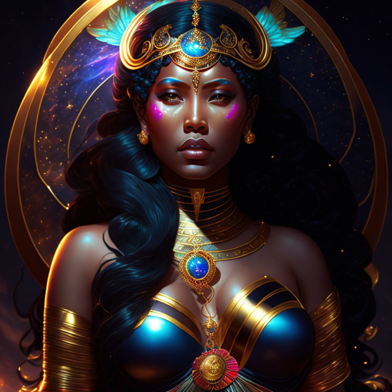 Dark-skinned woman adorned with golden jewelry and mystical headdress in starry setting