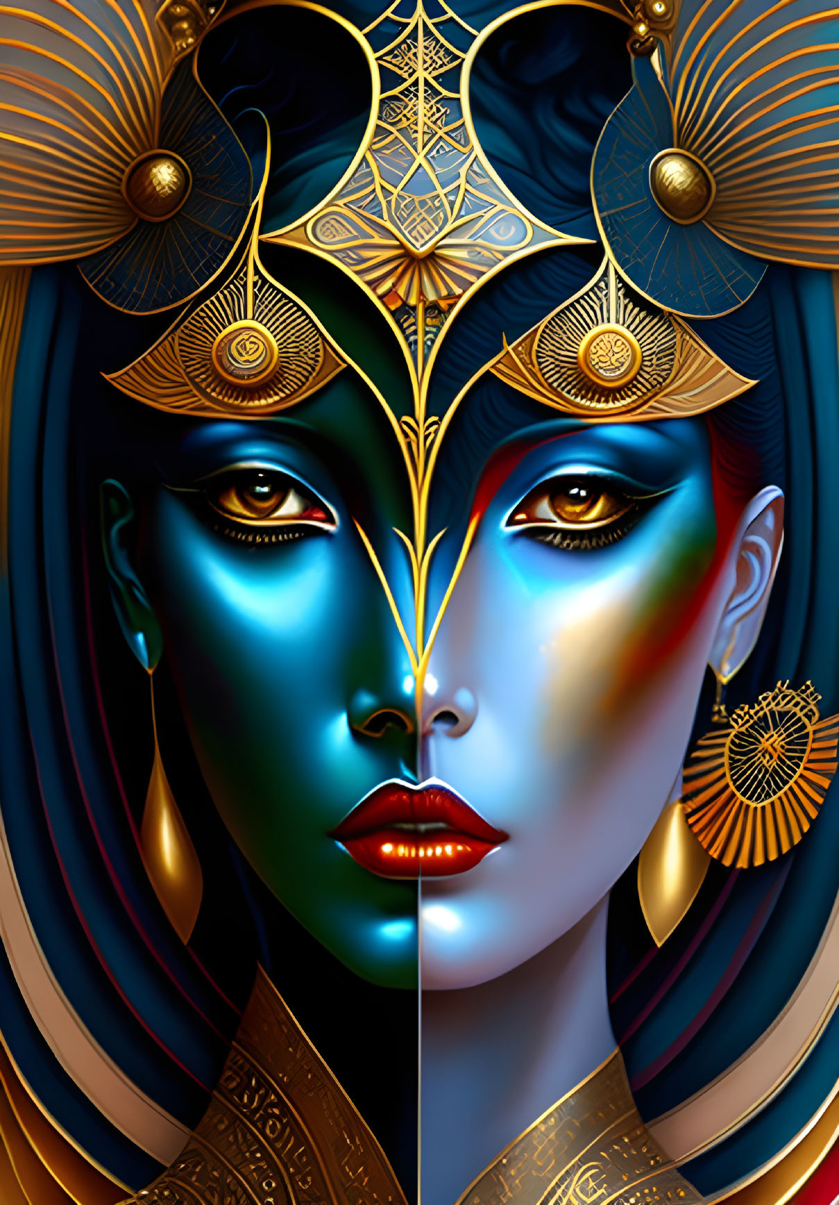 Symmetrical two-faced female figure with gold and blue headgear