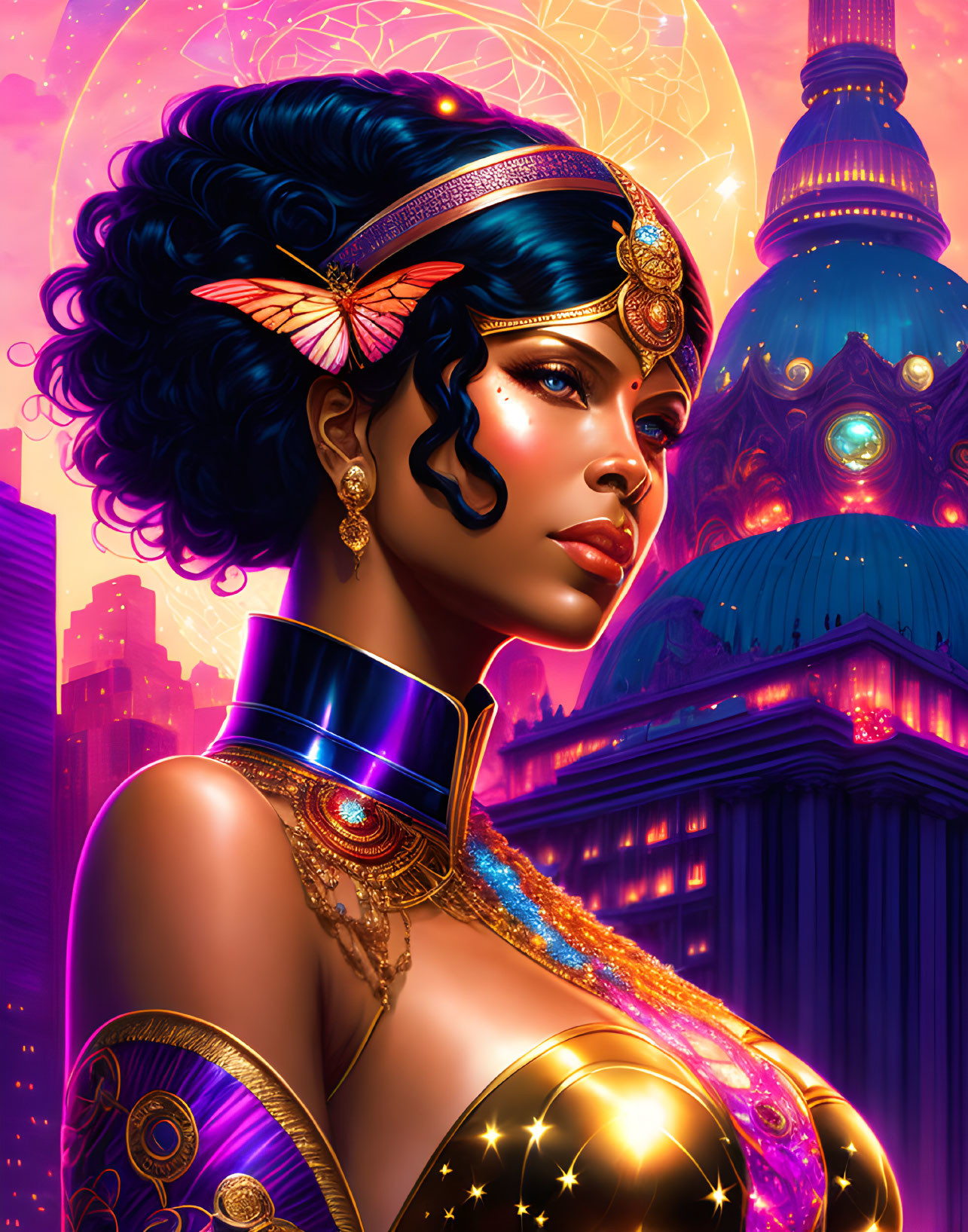 Stylized portrait of woman with golden jewelry and futuristic collar against neon-lit cityscape