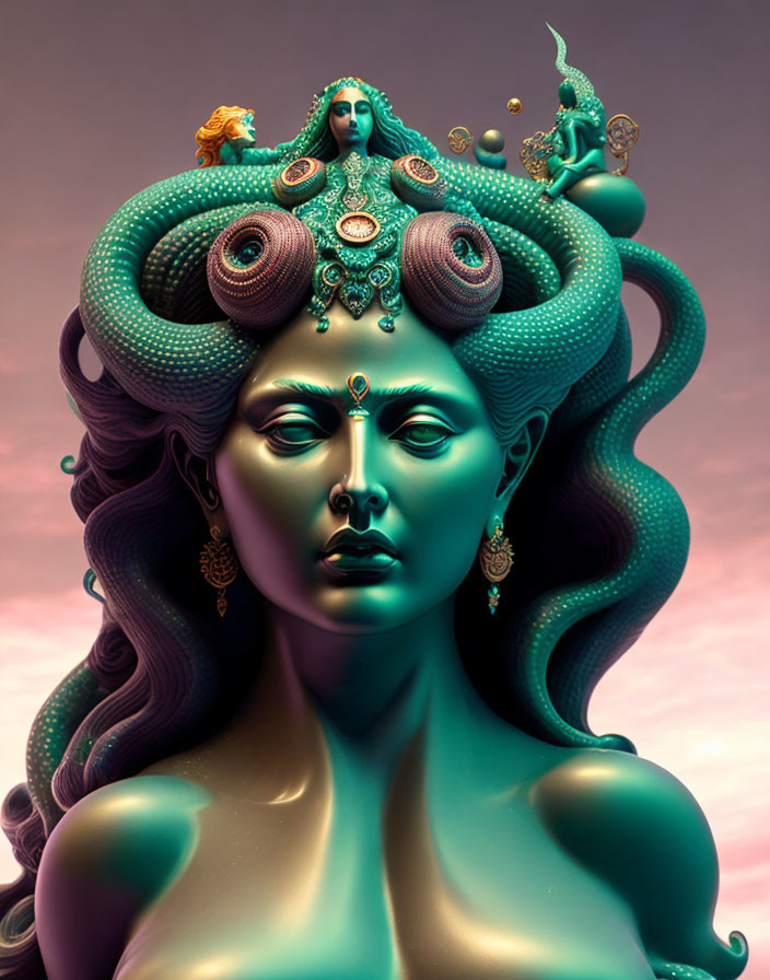 Surreal portrait of two women with elaborate, serpentine hair and mystical figures