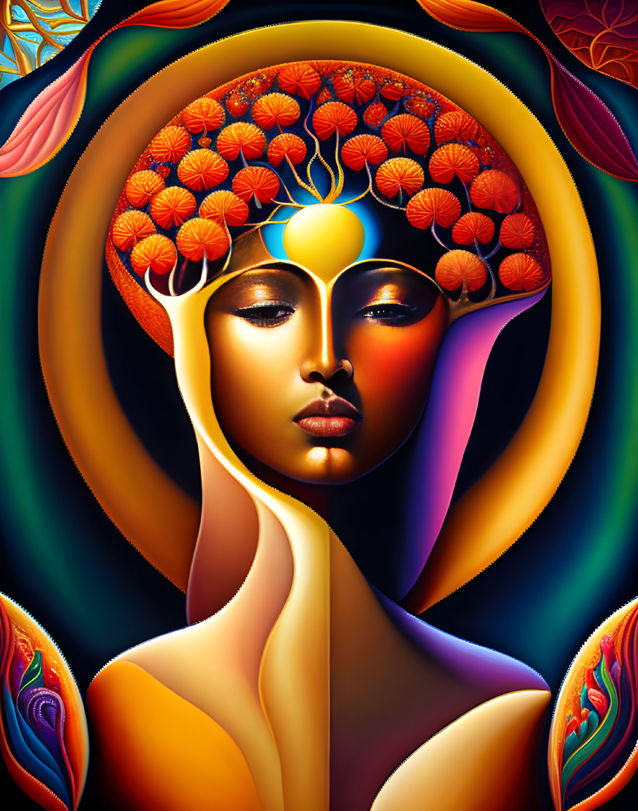 Vibrant surreal portrait of African-inspired female figure with tree crown hair