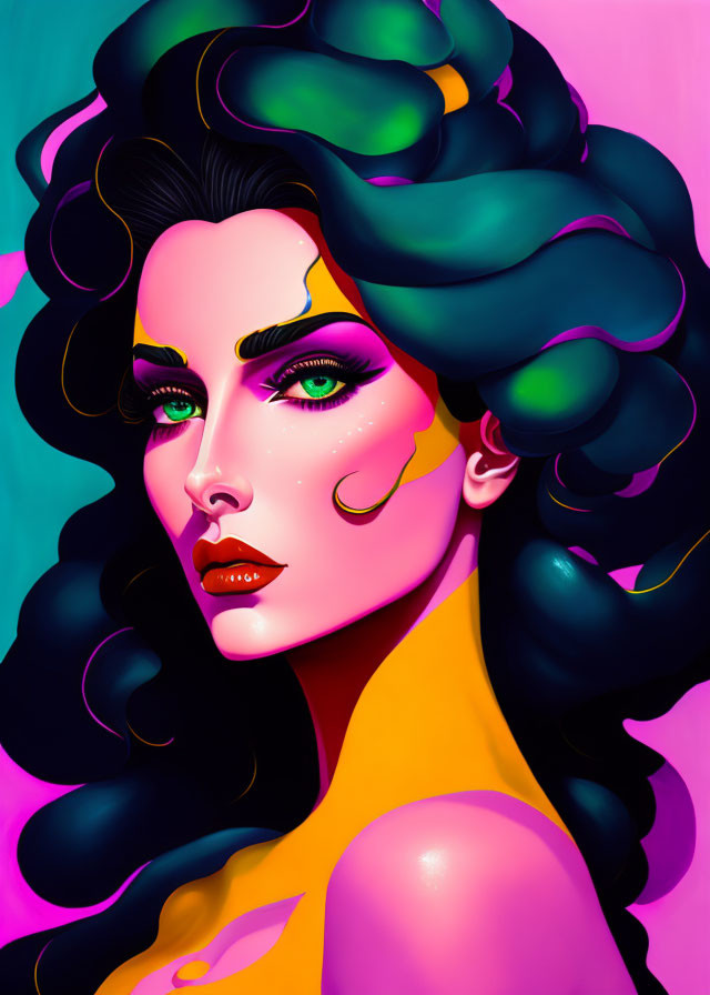 Colorful digital artwork: Woman with blue-black hair, emerald eyes, and golden earrings on pink