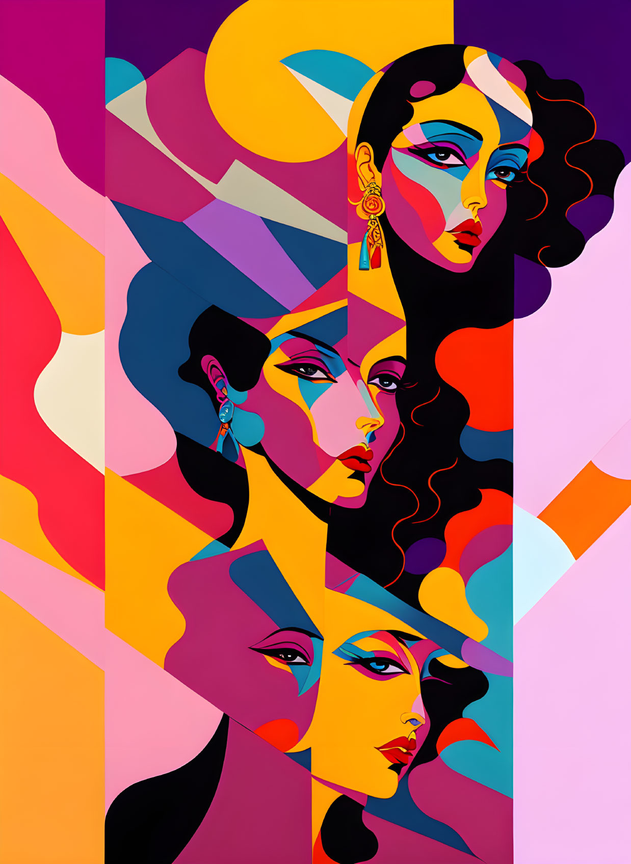 Colorful abstract art: two stylized female faces in profile with geometric shapes and decorative elements.