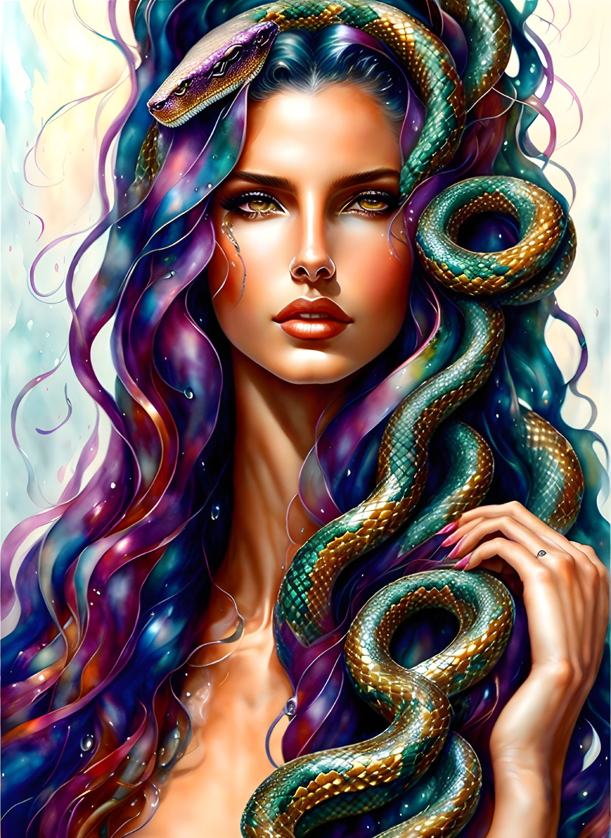 Woman with Blue Eyes and Serpentine Hair Entwined with Snake in Starry Scene