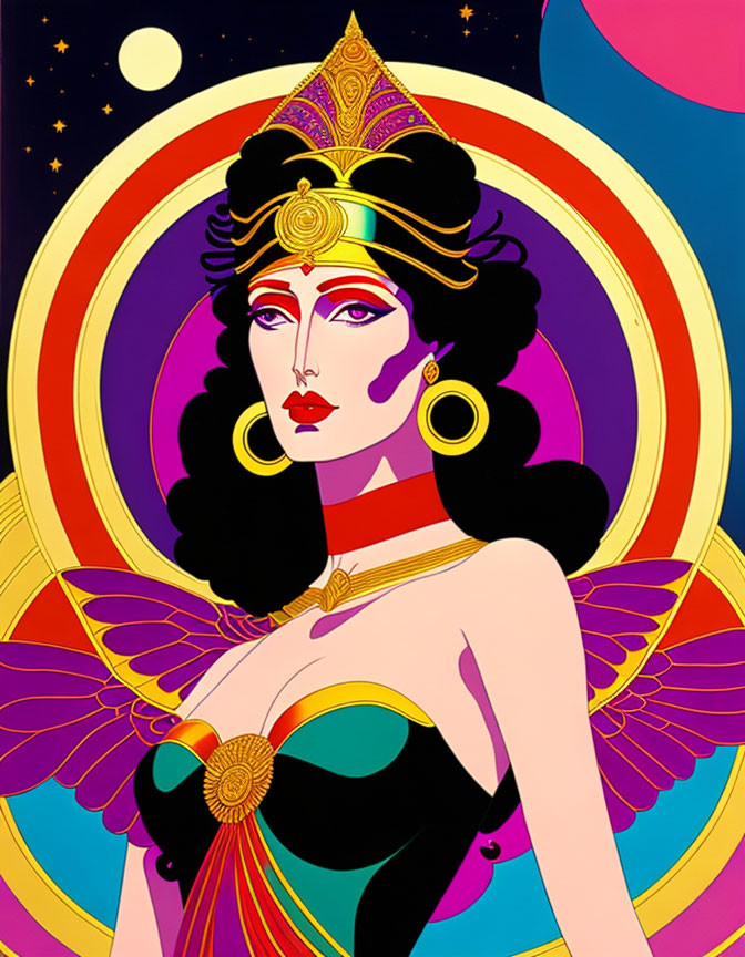 Stylized woman with dark hair, gold crown, red scarf, butterfly wings, moons, and