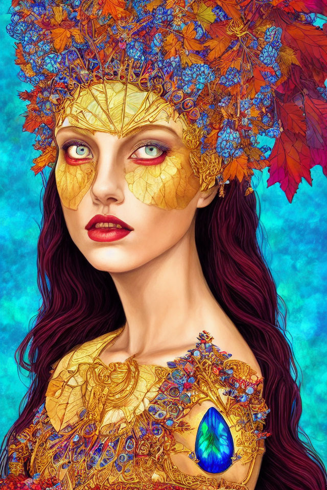 Colorful illustration of woman with red hair and golden leafy accessories on turquoise background