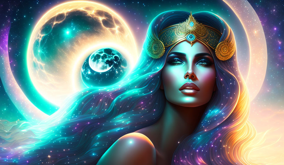 Cosmic-themed digital art: Woman with vibrant hair in galaxy backdrop