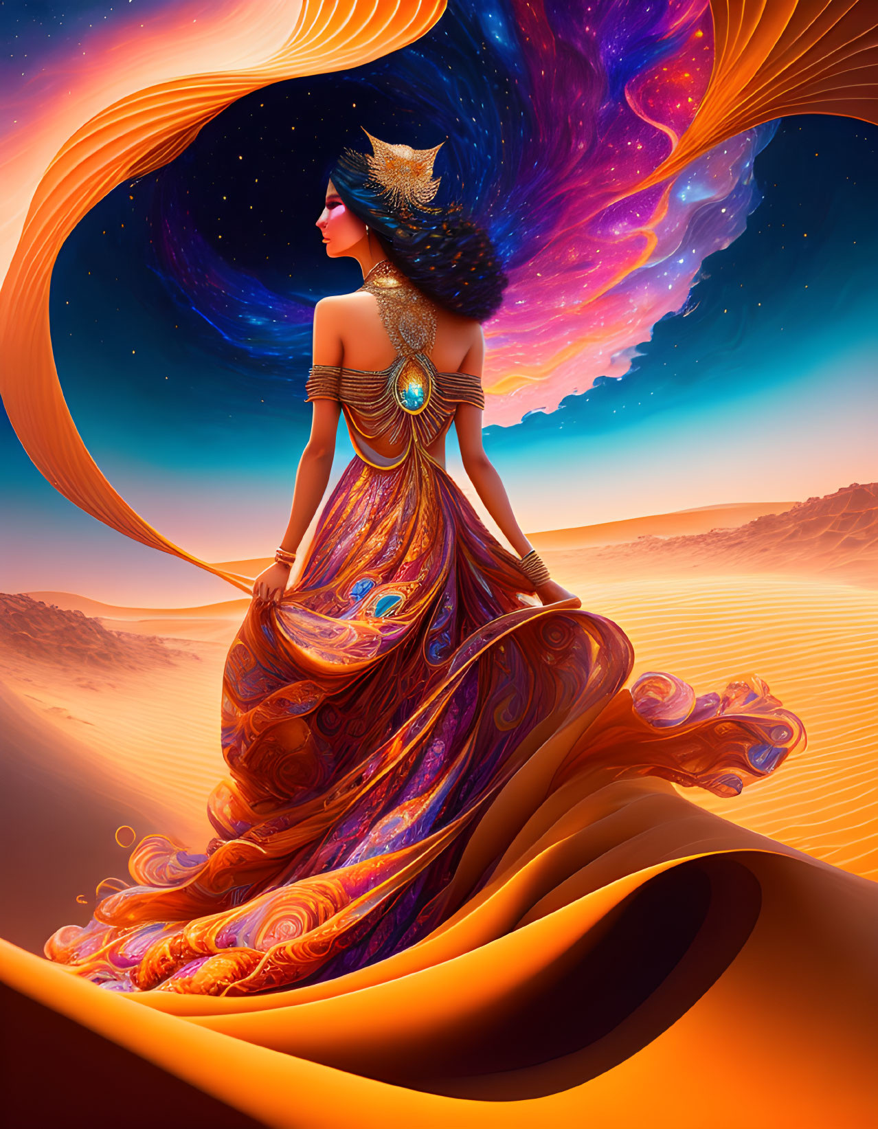 Cosmic-themed woman illustration on desert dune under surreal sky