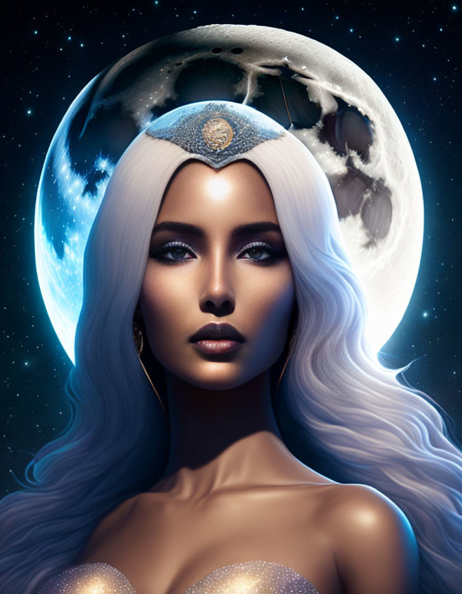 Silver-haired woman with moon tiara in cosmic fantasy portrait