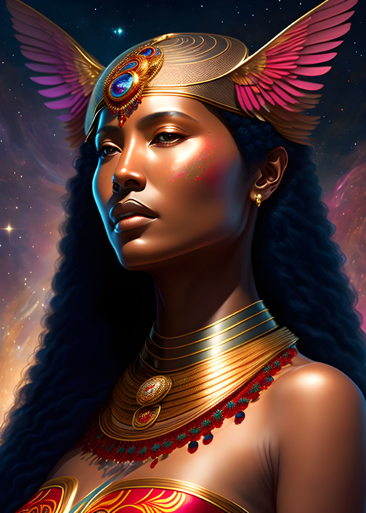 Regal woman with winged headgear and cosmic background