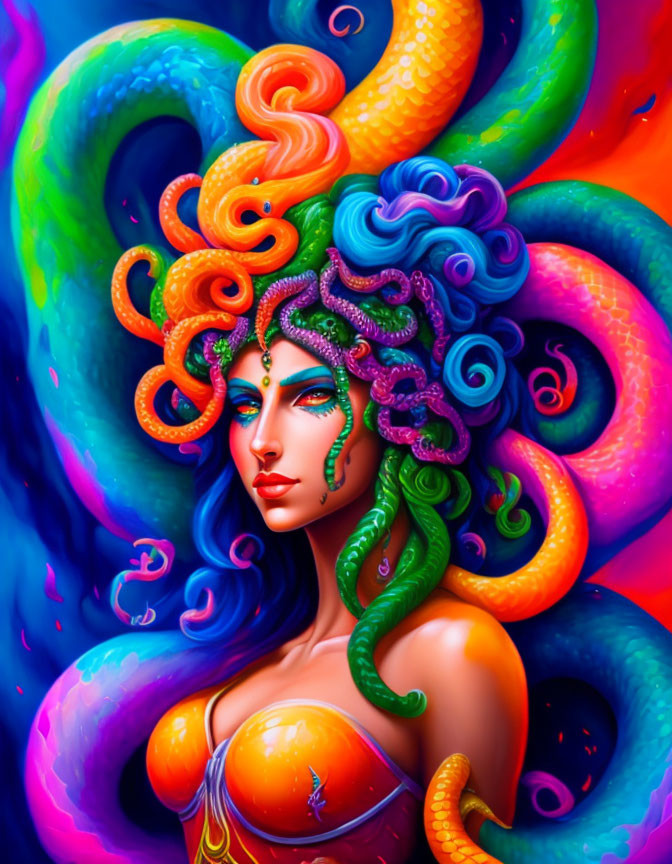 Colorful mythical woman with tentacle hair in rich hues and jewels