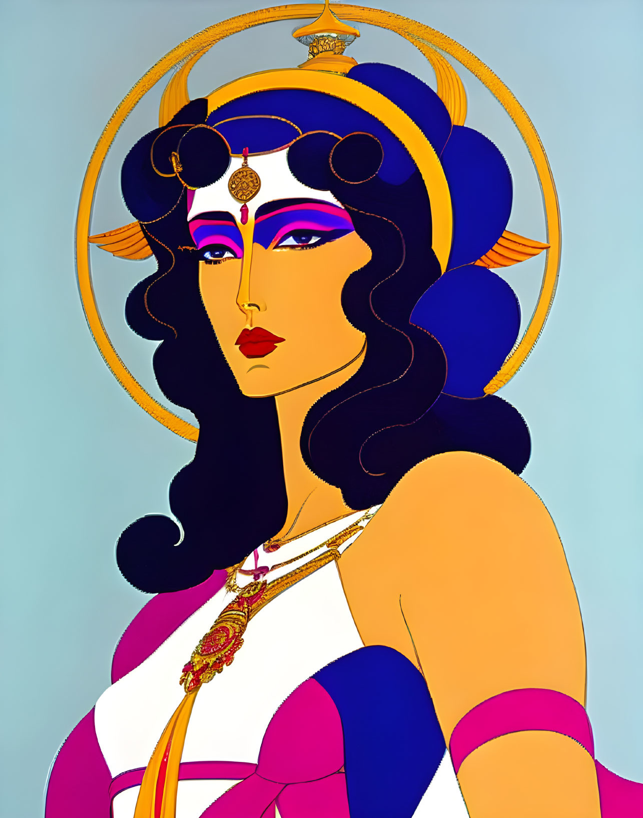 Illustration of woman with blue hair, gold horned crown, colorful attire, and ornate jewelry