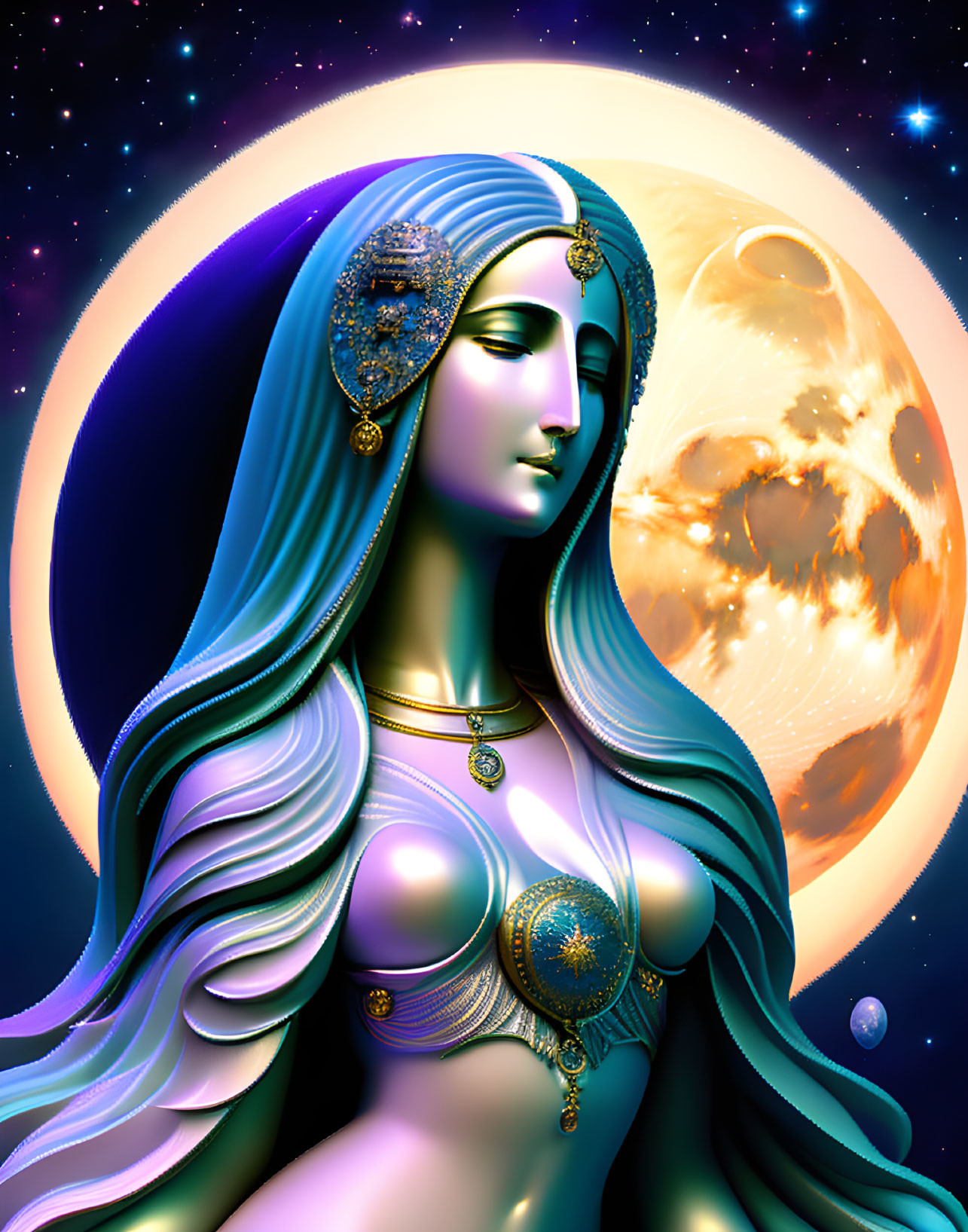 Blue-haired woman adorned with gold jewelry in serene cosmic setting