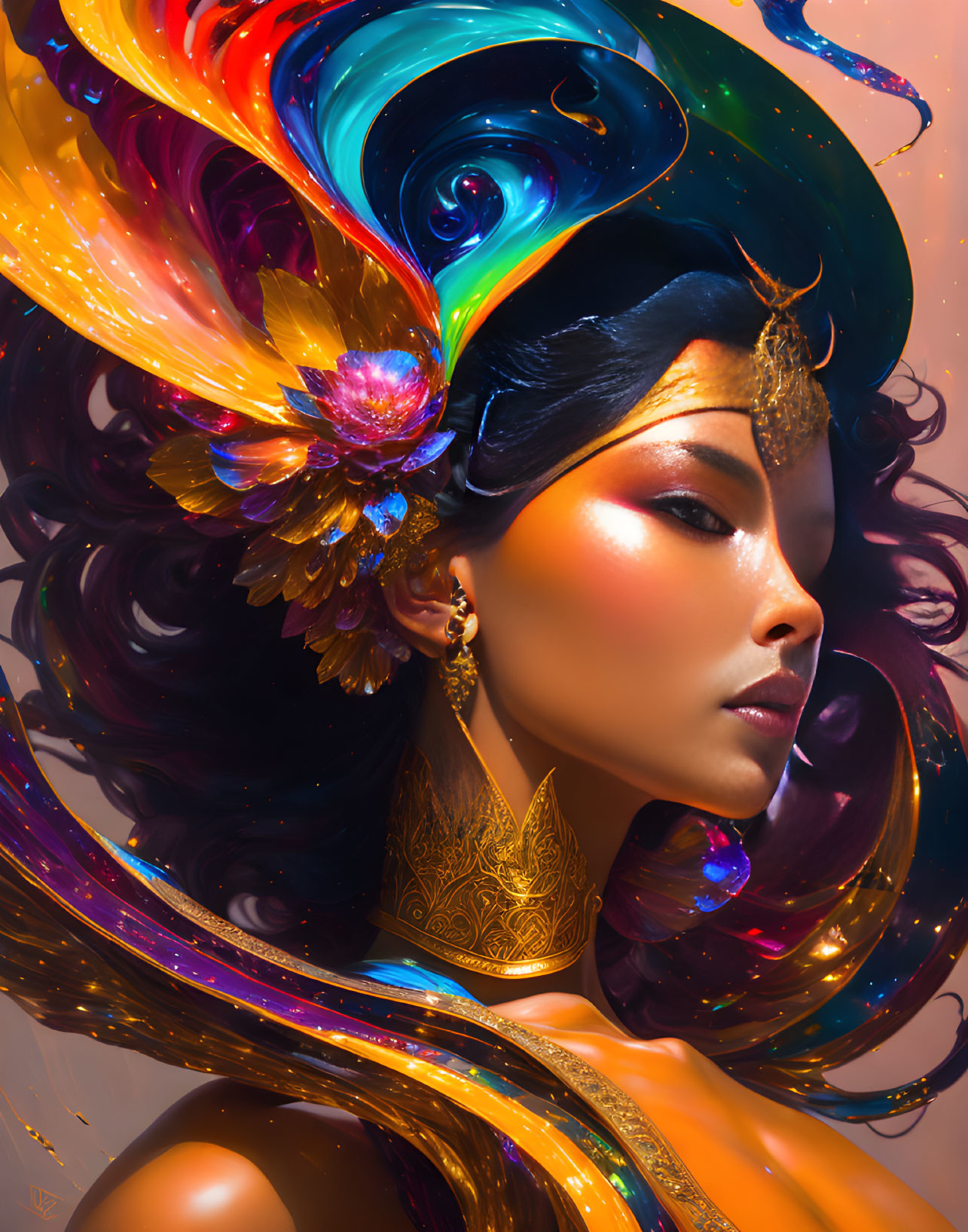 Colorful digital portrait of a woman with swirling hair and gold jewelry.