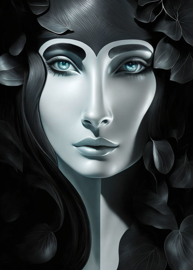 Digital Artwork: Female Figure with Striking Blue Eyes in Dark Leaves
