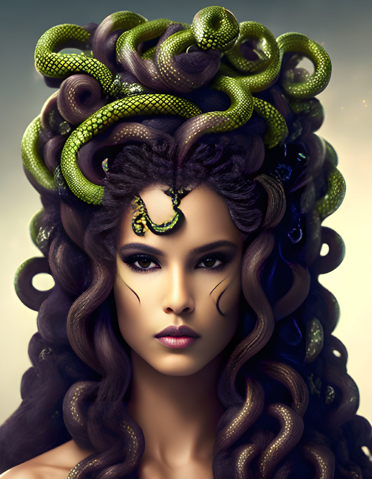 Medusa-inspired Woman with Live Green Snakes as Hair