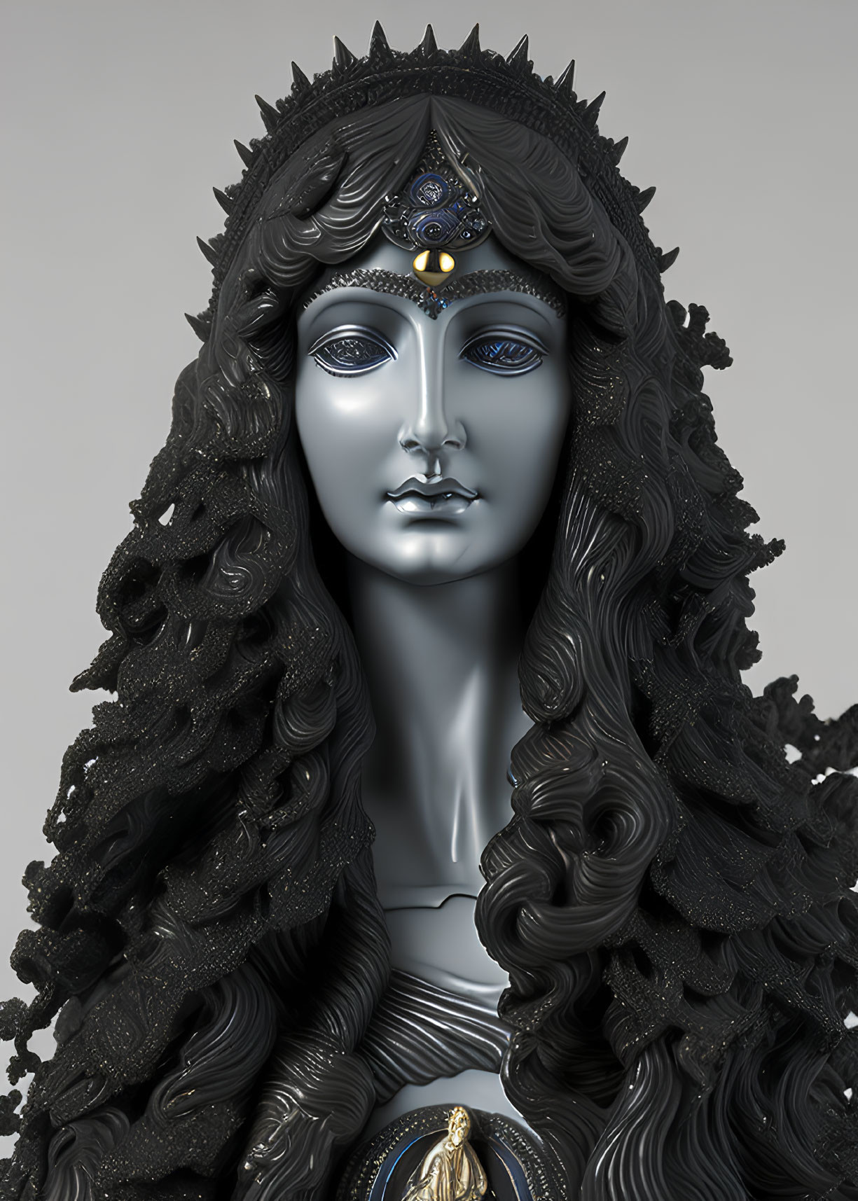 Monochromatic statue of veiled figure with metallic sheen and ornamental headpiece