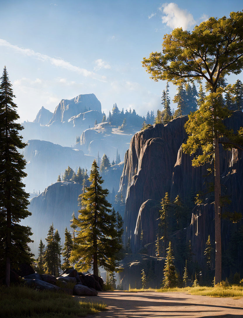 Sunlit Path through Towering Trees and Majestic Mountains