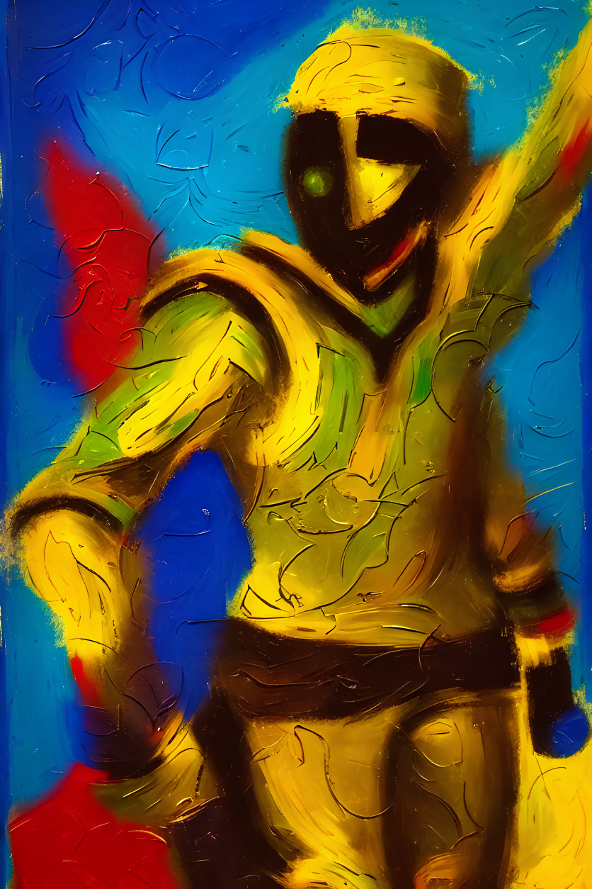 Colorful Abstract Painting of Smiling Humanoid Figure in Dynamic Pose