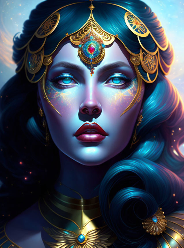 Blue-skinned woman with striking hair and gold jewelry on starry background