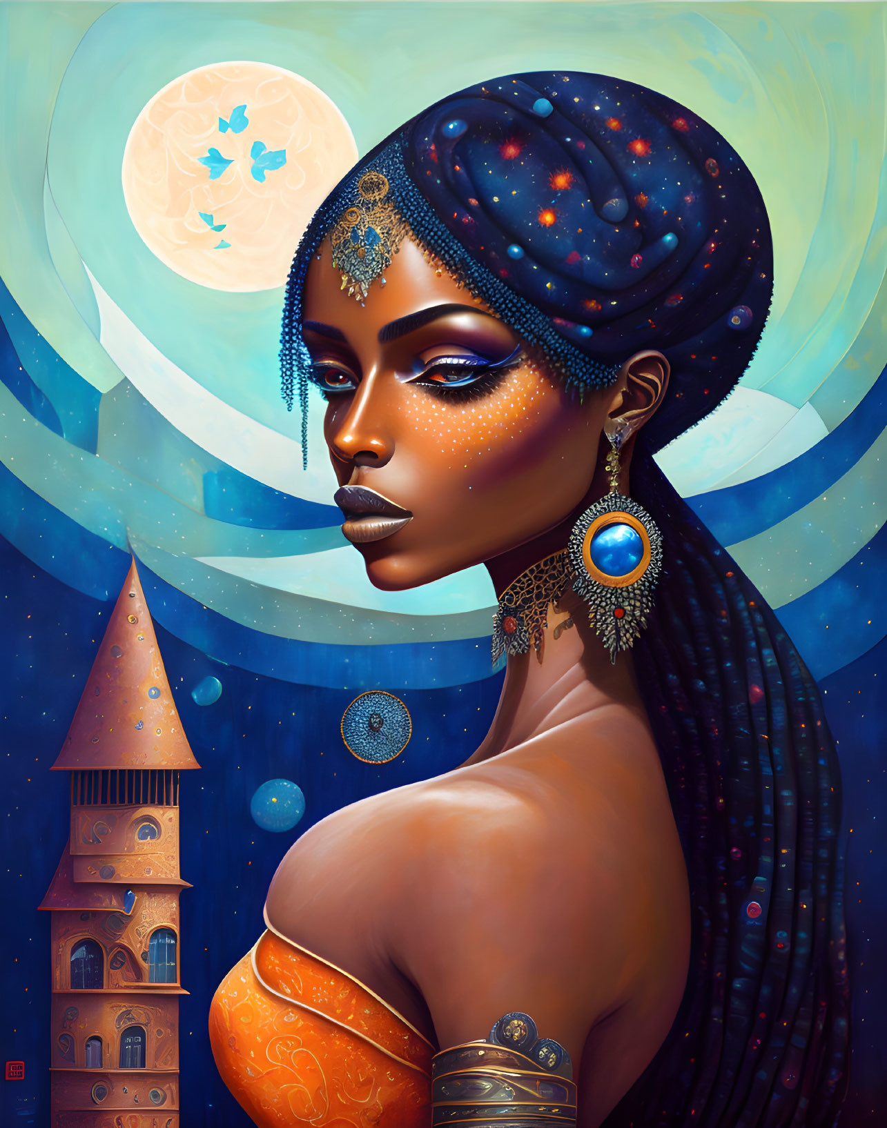 Stylized portrait of woman with starry headdress and moon backdrop