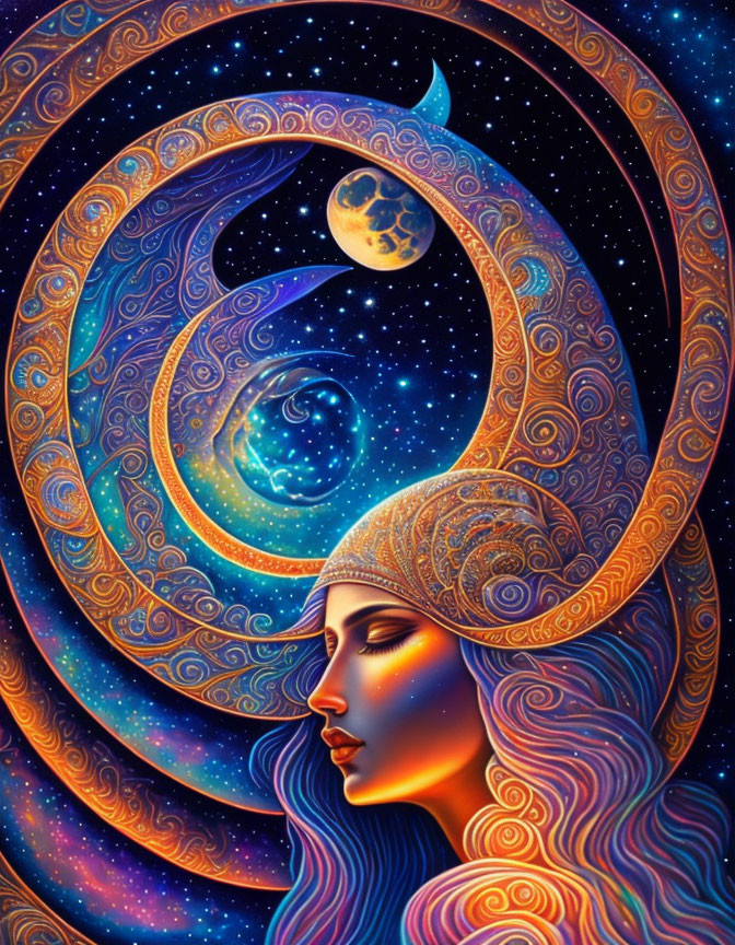 Vibrant illustration of woman merging with cosmic background