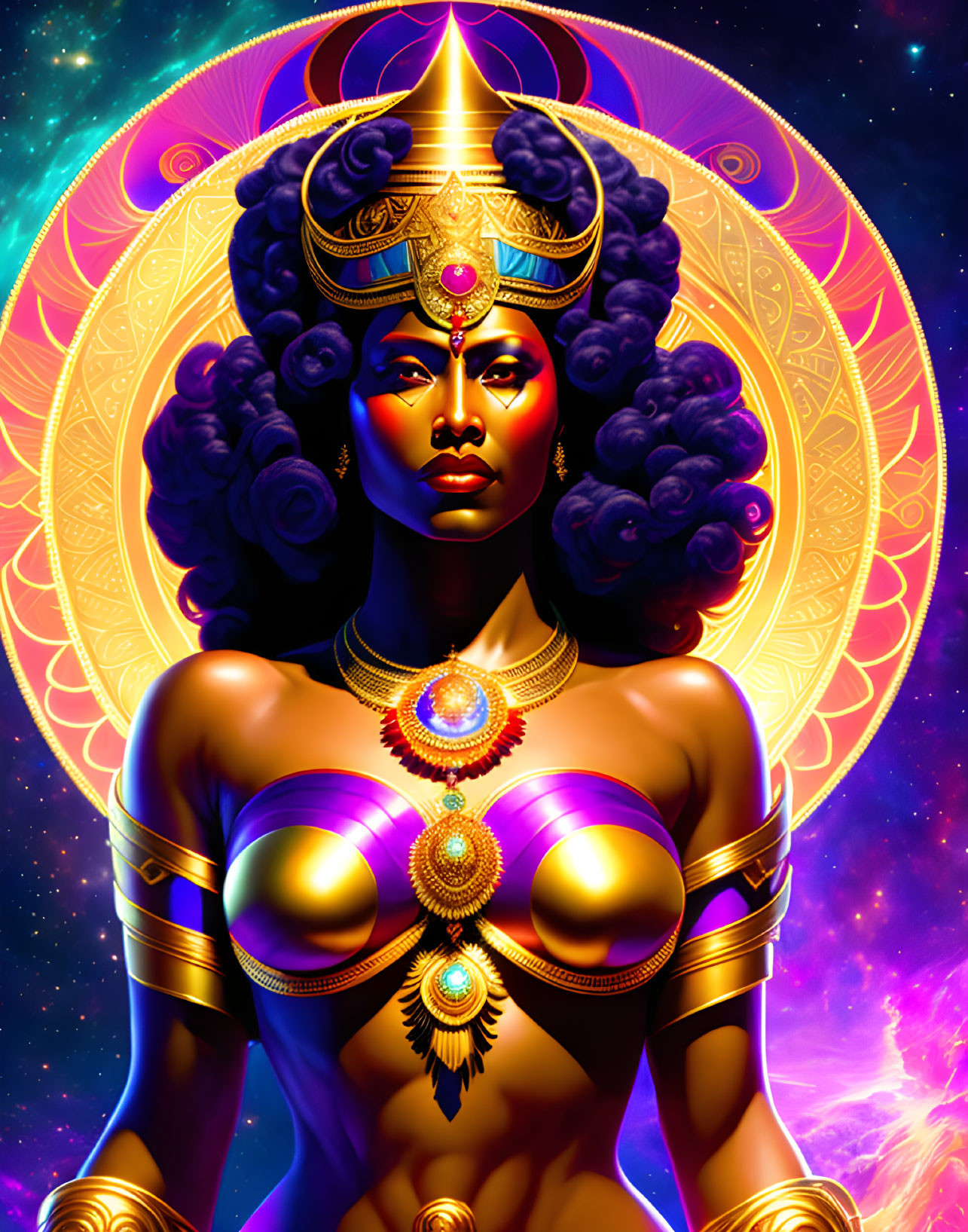 Illustration of majestic woman with golden headdress and cosmic colors