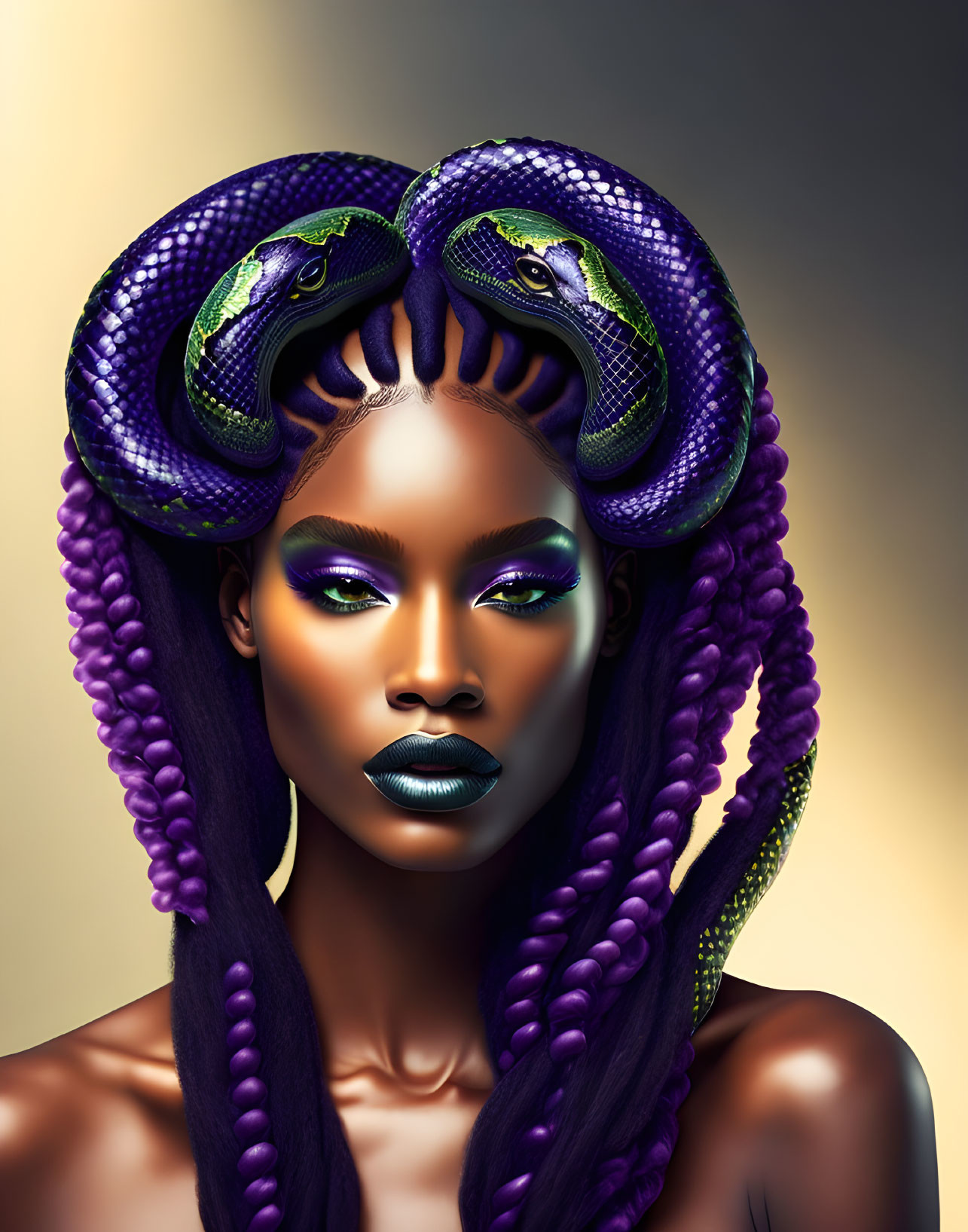 Woman with Purple Braids and Green Snakes in Artistic Representation