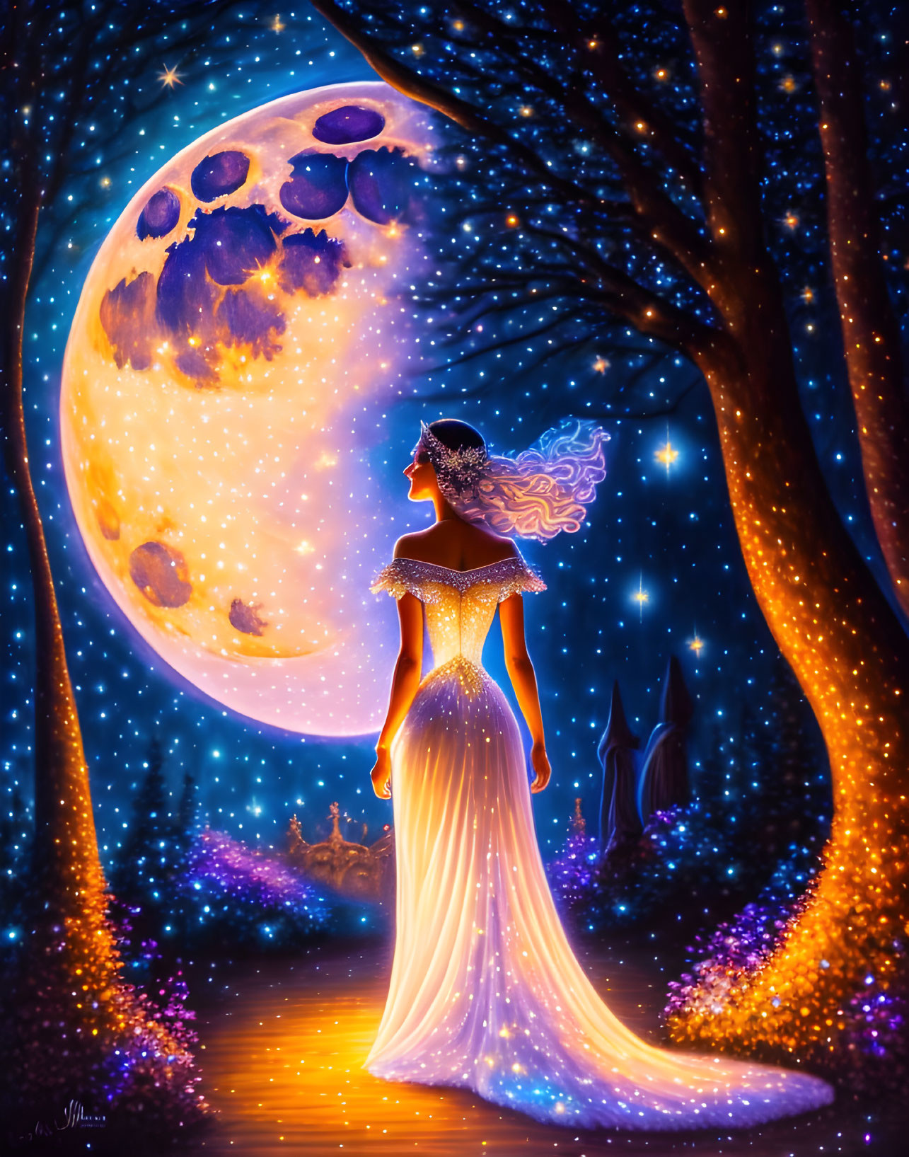 Woman in glowing gown under yellow moon in mystical forest