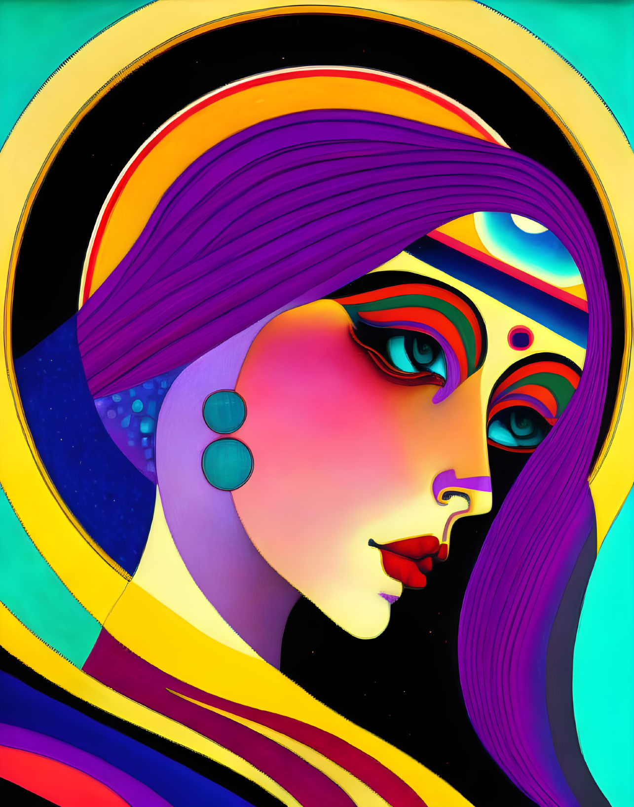 Vivid digital artwork featuring a stylized woman with purple hair and cosmic background.