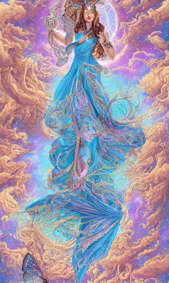 Ethereal figure in blue gown with golden motifs in cosmic backdrop