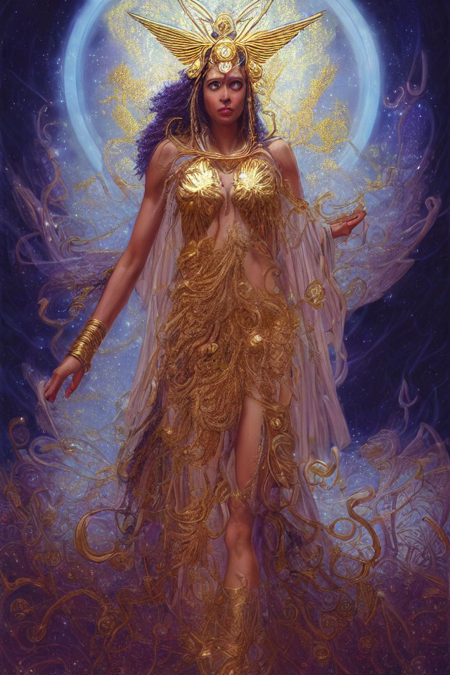 Celestial being in ornate gold headdress and armor against cosmic backdrop