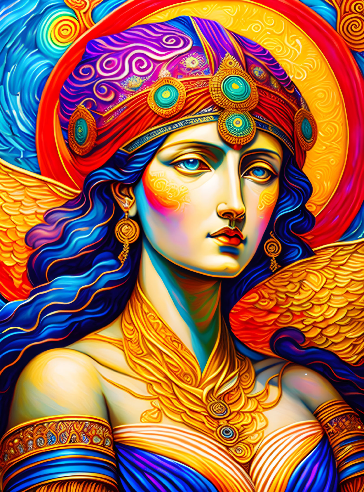 Colorful depiction of a stylized woman with blue hair and golden headdress against fiery background