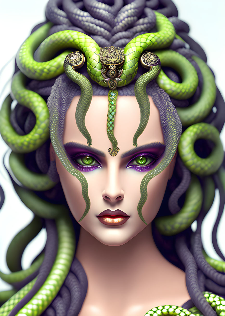 Stylized portrait of woman with snake-like green hair and accentuated eyes
