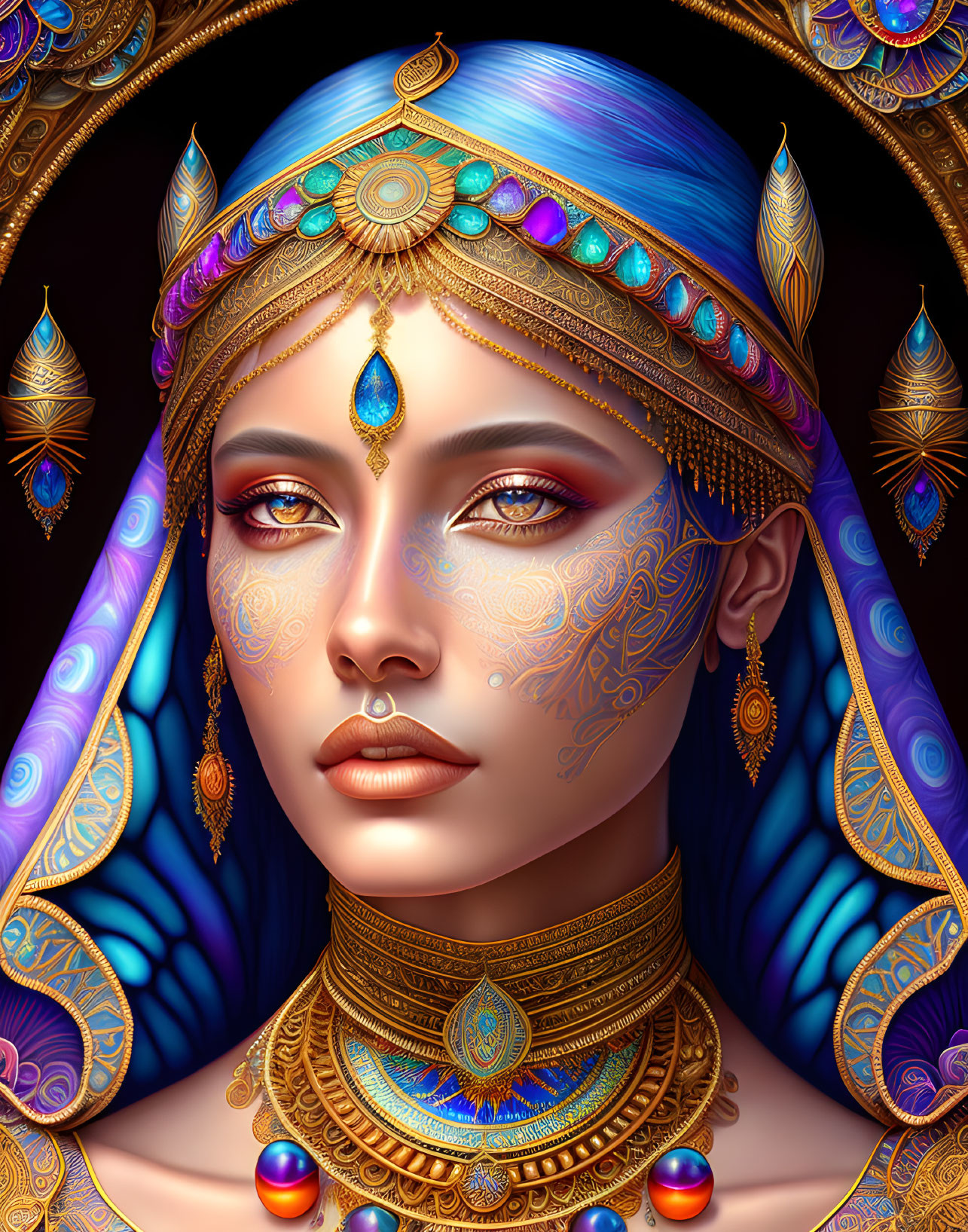 Colorful digital artwork: Woman with blue hair, ornate golden headdress, and jewelry, showcasing