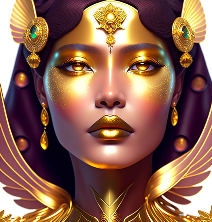 Regal woman in golden makeup and ornate headpiece.