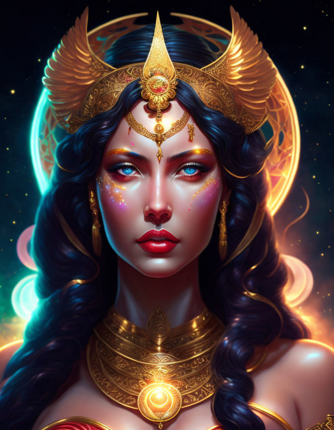 Portrait of woman with blue eyes, gold headpiece, jewelry, against starry backdrop