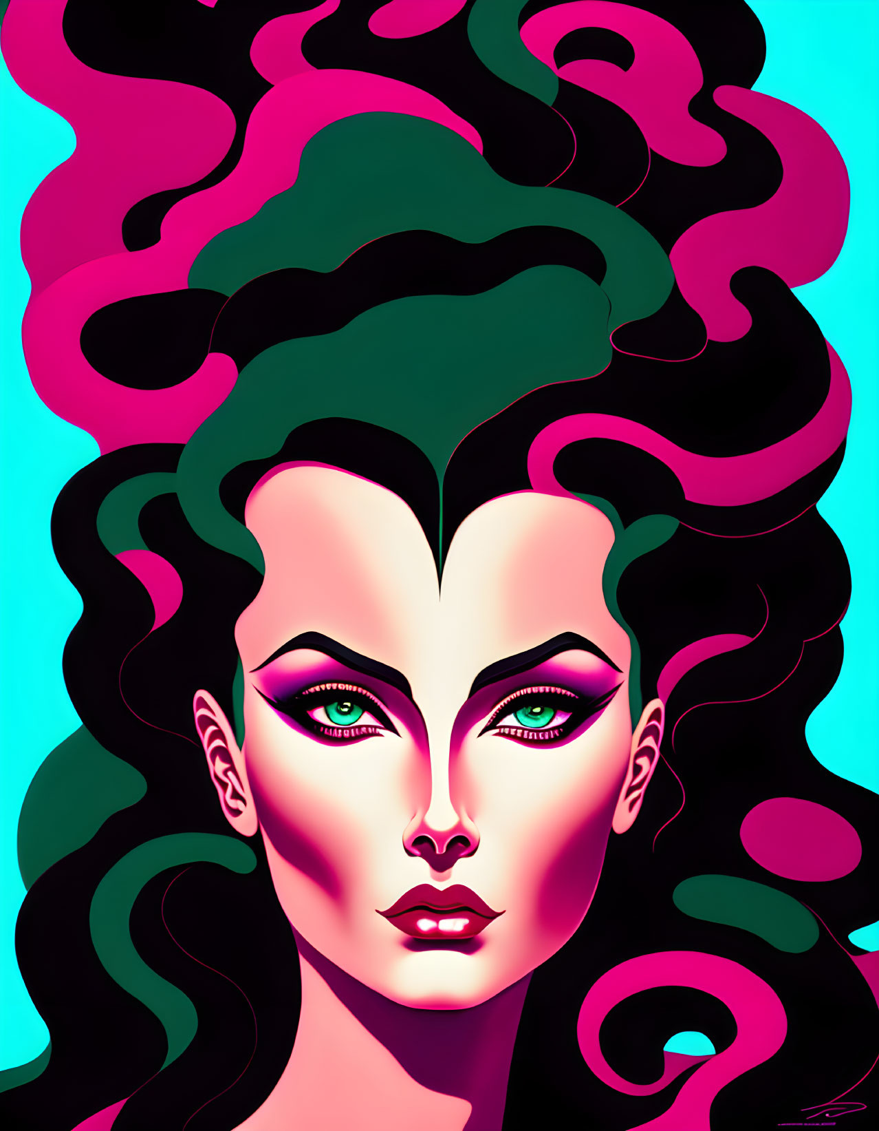 Vibrant pink and green stylized portrait of a woman with exaggerated curly hair and bold makeup.